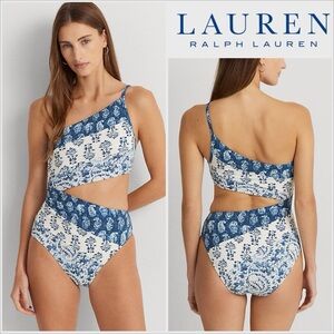 Lauren Ralph Lauren Blue and White Cutout One-Piece Swimsuit